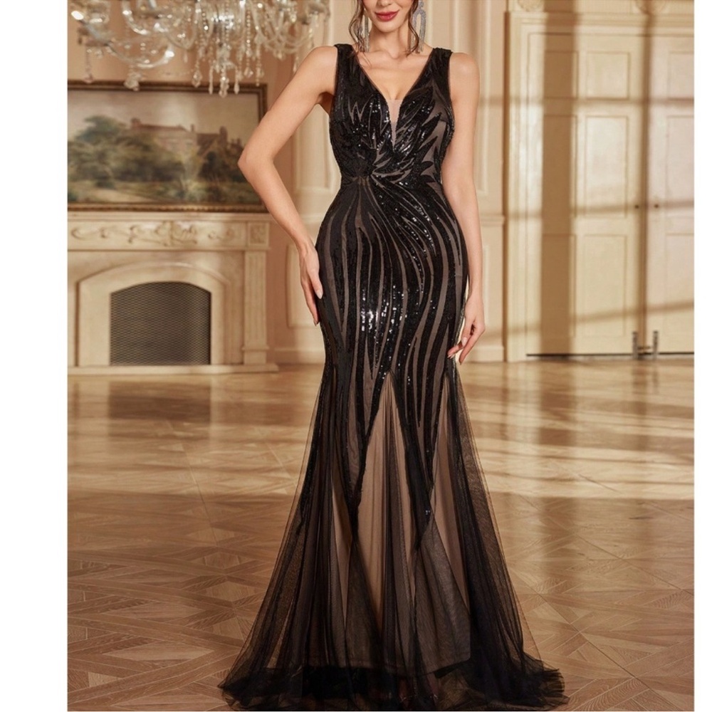 Luxe Black V Neck Sequin Mermaid Hem Fitted Party Evening Wedding Dress S M L XL
